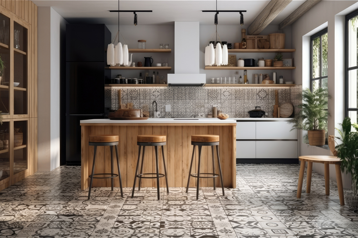 modern stylish popular design kitchen with bar stool palm plant and carpet with black and white tiles.