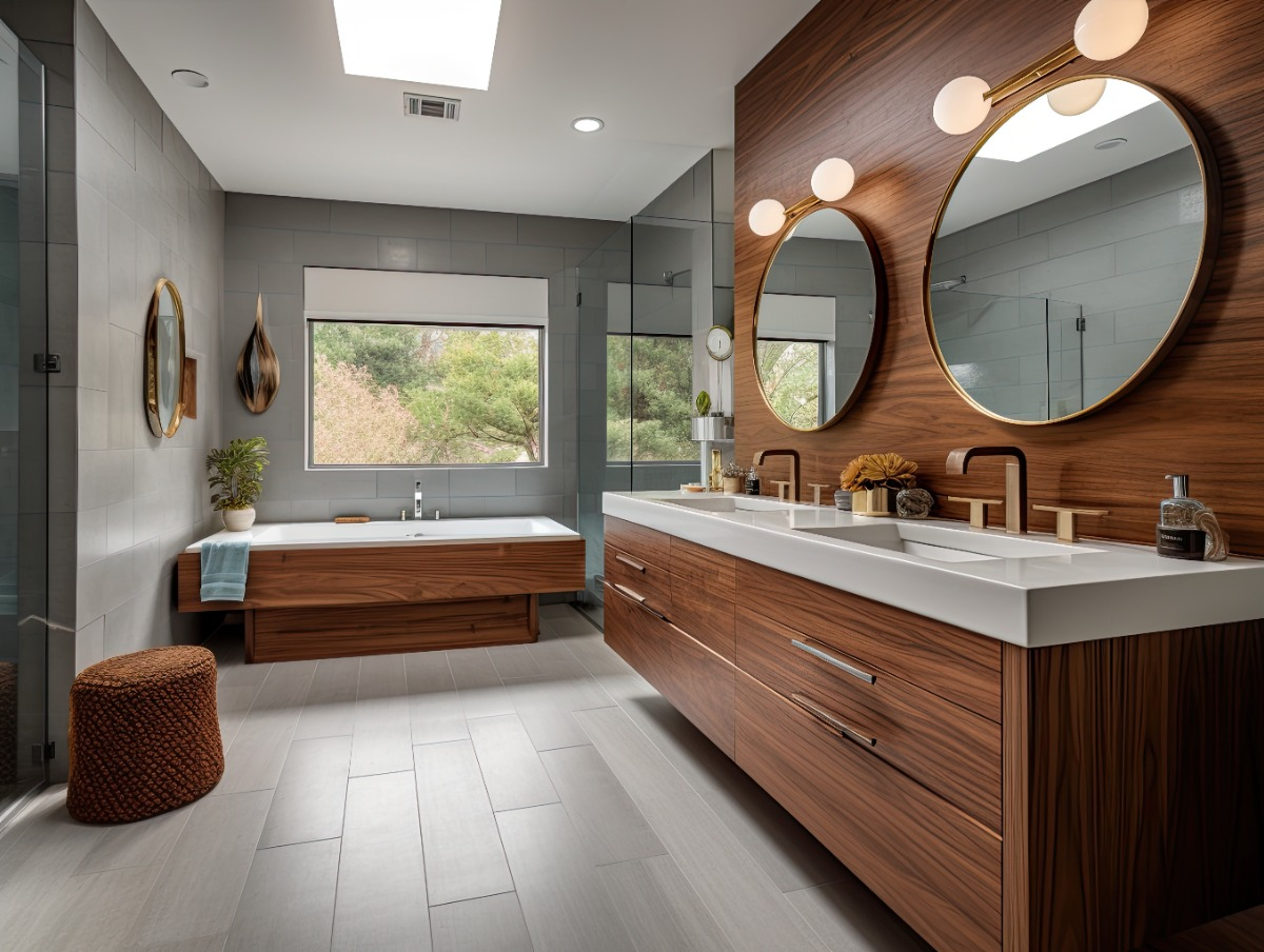bathroom featuring bold wooden accent walls with grey laminate floor and floating vanity