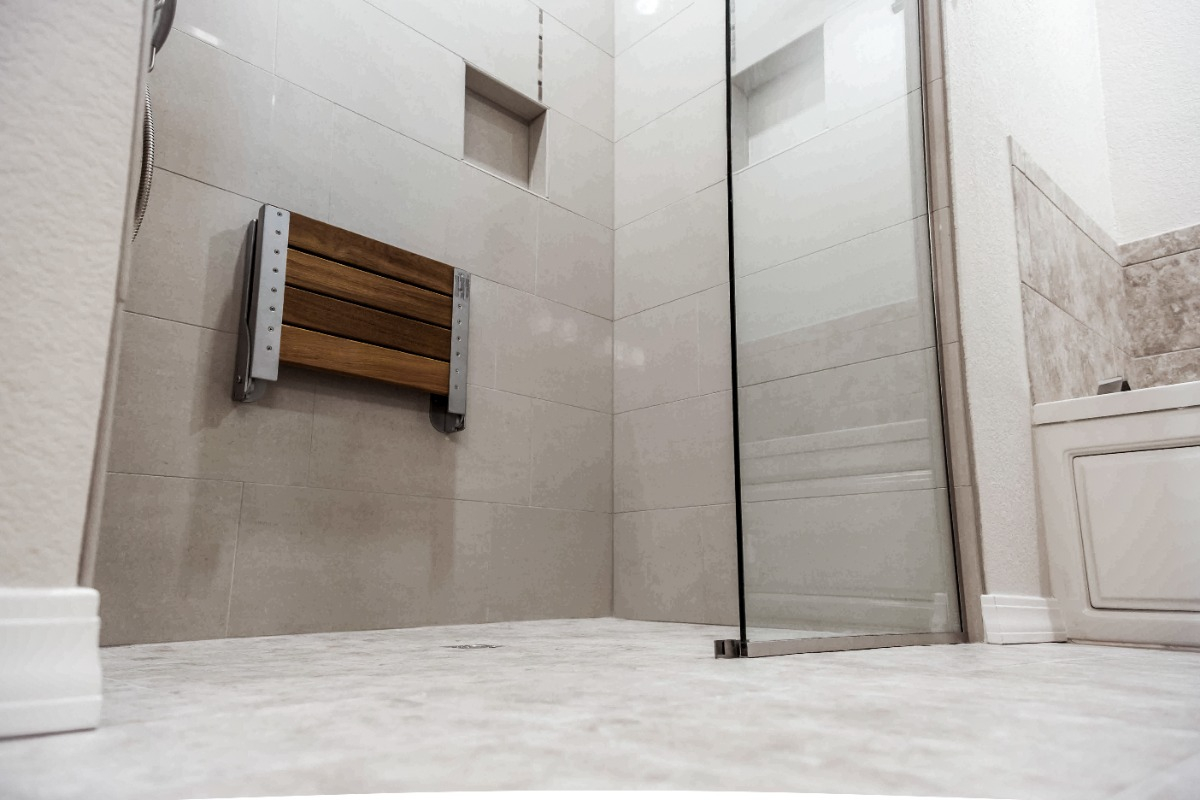curbless shower with grey tile