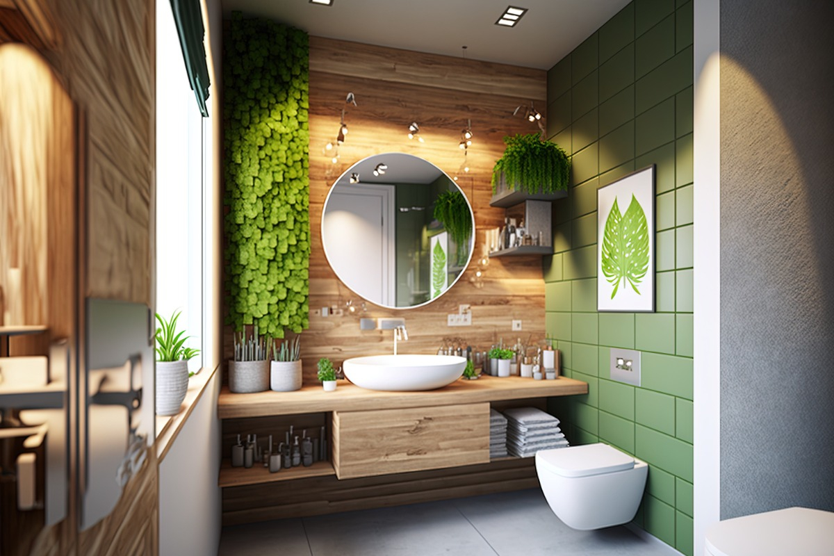 eco friendly bathroom design with green tile and wooden accent wall