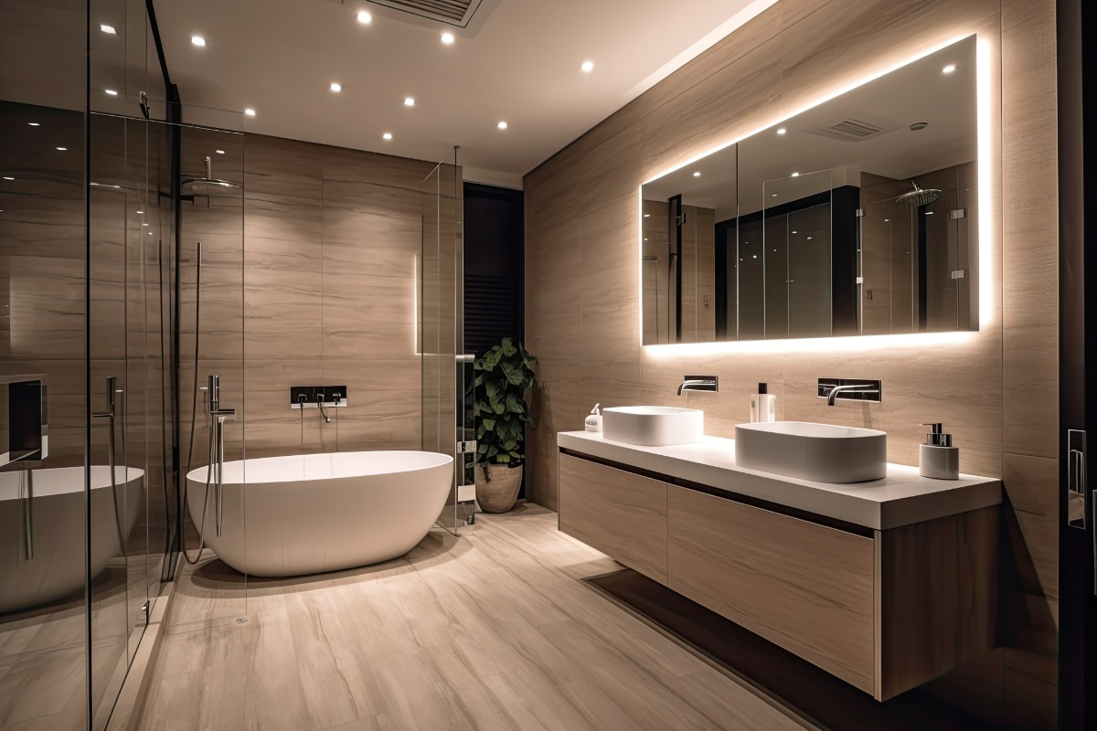 led lit bathroom with floating vanity and freestanding tub