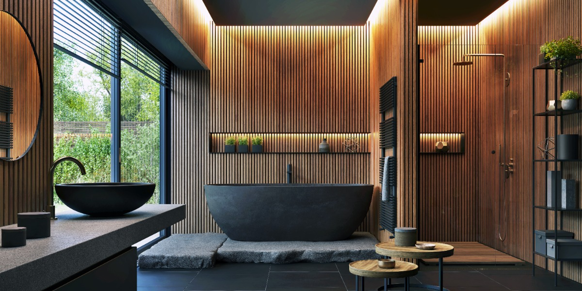 Calm, wooden accent walls, matte black fixtures, and led lit bathroom