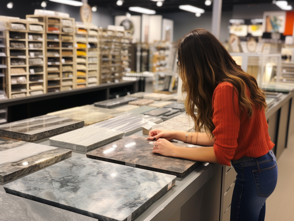 Woman selecting quality countertop materials at store - Love Creek Construction