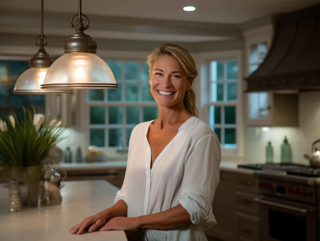 Woman smiling in remodeled kitchen.