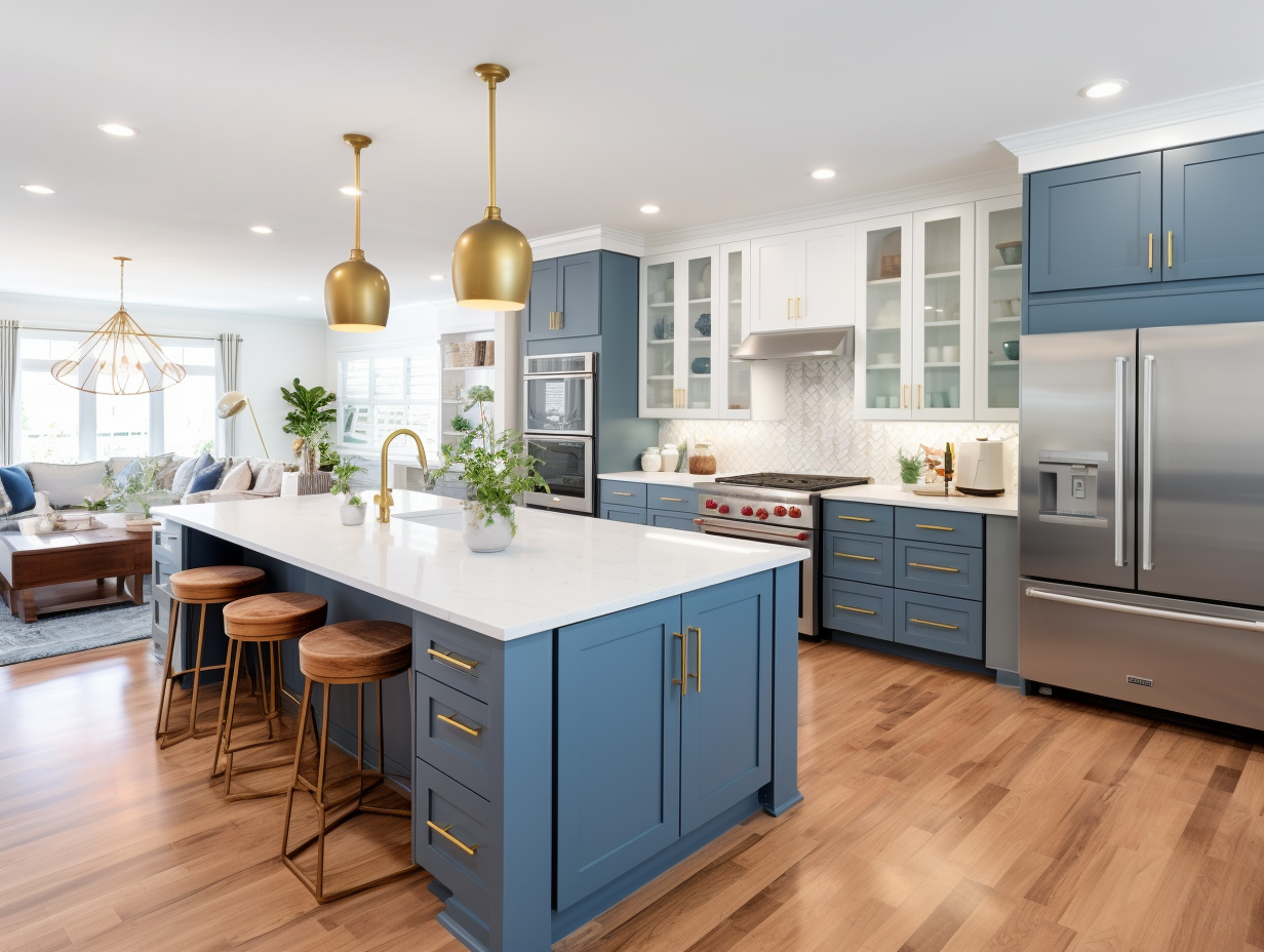 Open concept kitchen - large eclectic l-shaped medium-tone wood floor