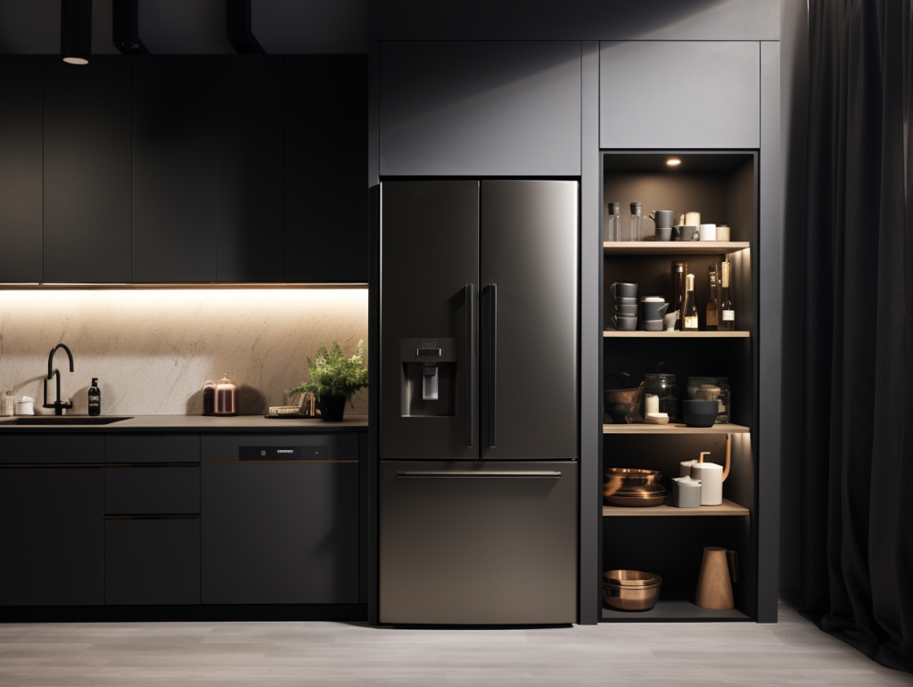 A contemporary kitchen with black cabinetry, modern appliances, and open shelving, illuminated by warm under-cabinet lighting.
