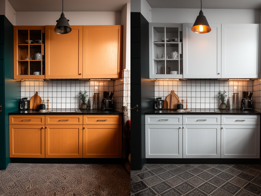 A split-image contrasting two kitchen designs, one with warm wooden cabinets and the other with sleek white cabinets, both with subway tiles.