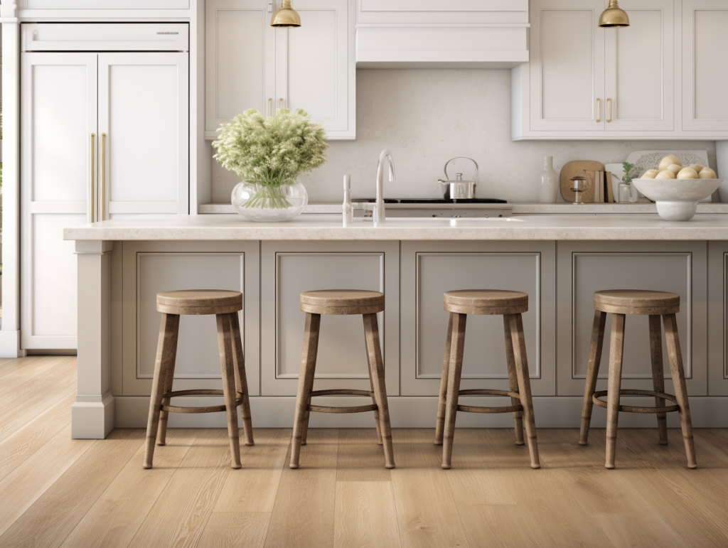A modern kitchen featuring a neutral color palette with wooden stools lined up at the marble countertop.