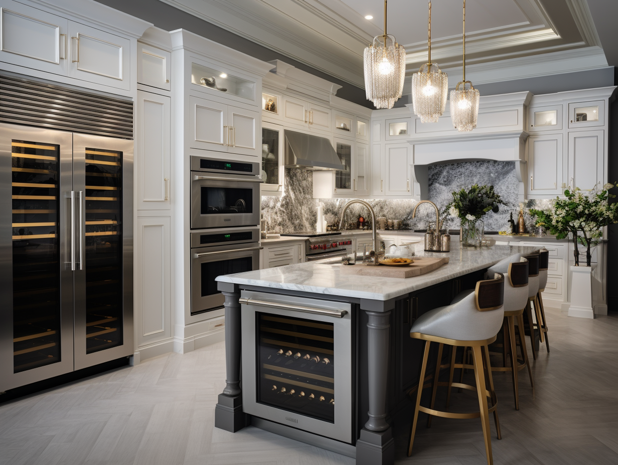 Luxurious kitchen featuring a large marble-topped island, high-end appliances, and elegant crystal pendant lights. Love Creek Construction