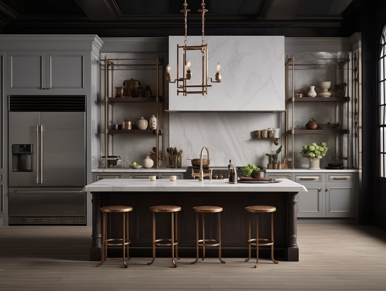 An elegant, dark-toned kitchen with a central marble island, brass stools, and open shelving, exuding a sophisticated charm.