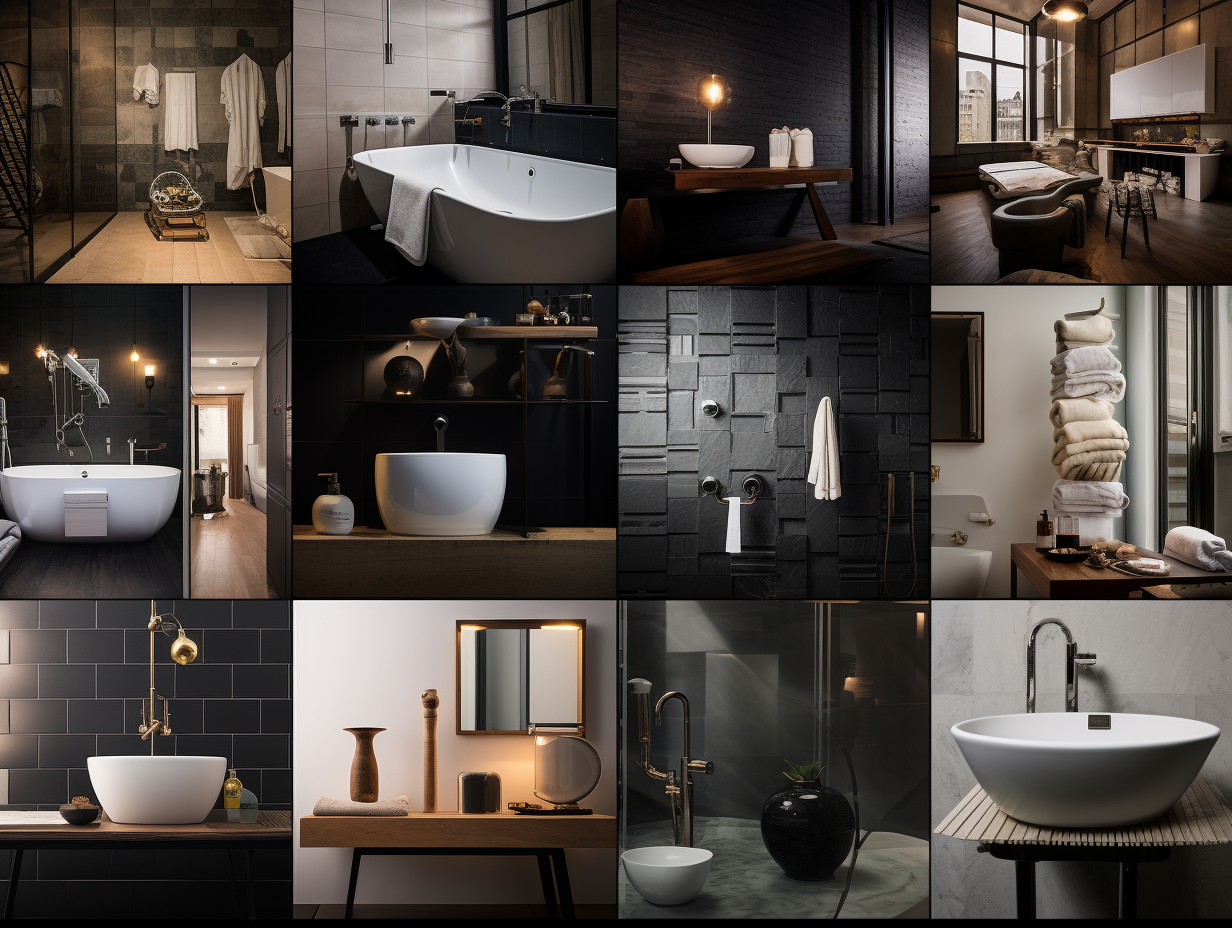 collage showcasing various modern bathroom interiors, each with sophisticated and sleek design elements
