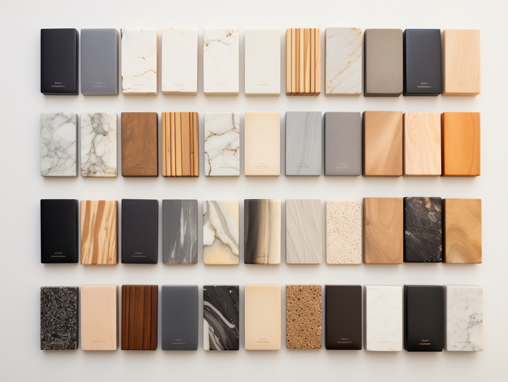 A collection of various countertop and cabinet samples showcasing a range of materials and colors.