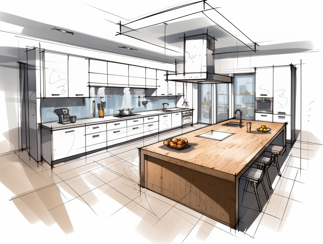 A sketch of a modern kitchen with a central island, highlighting a spacious layout and ample natural light.