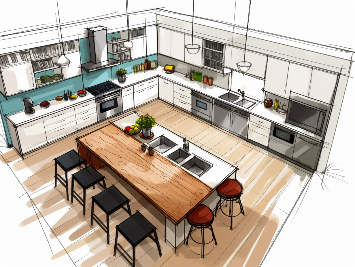 A vibrant sketch of a kitchen with a large wooden island, white cabinetry, and pops of red, emphasizing a modern, open-plan design.