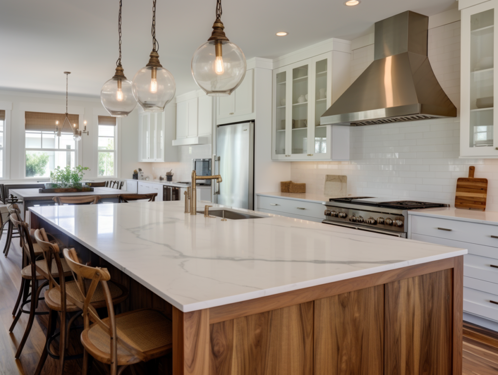A bright and airy kitchen with a large marble island, wooden bar stools, and elegant glass pendant lights.