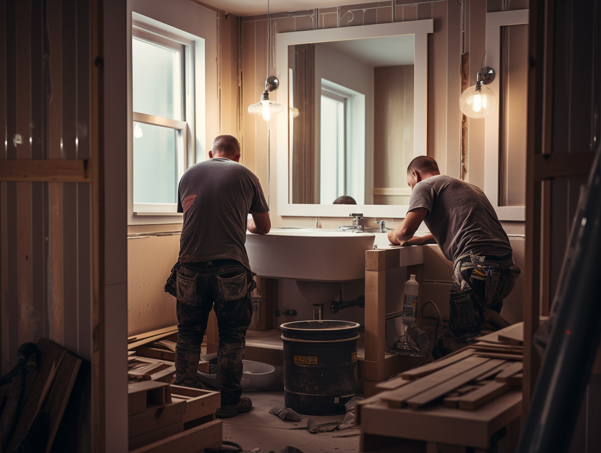 two men working on a bathroom remodel