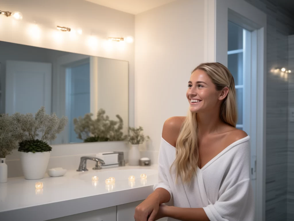 woman happy in newly remodeled bathroom